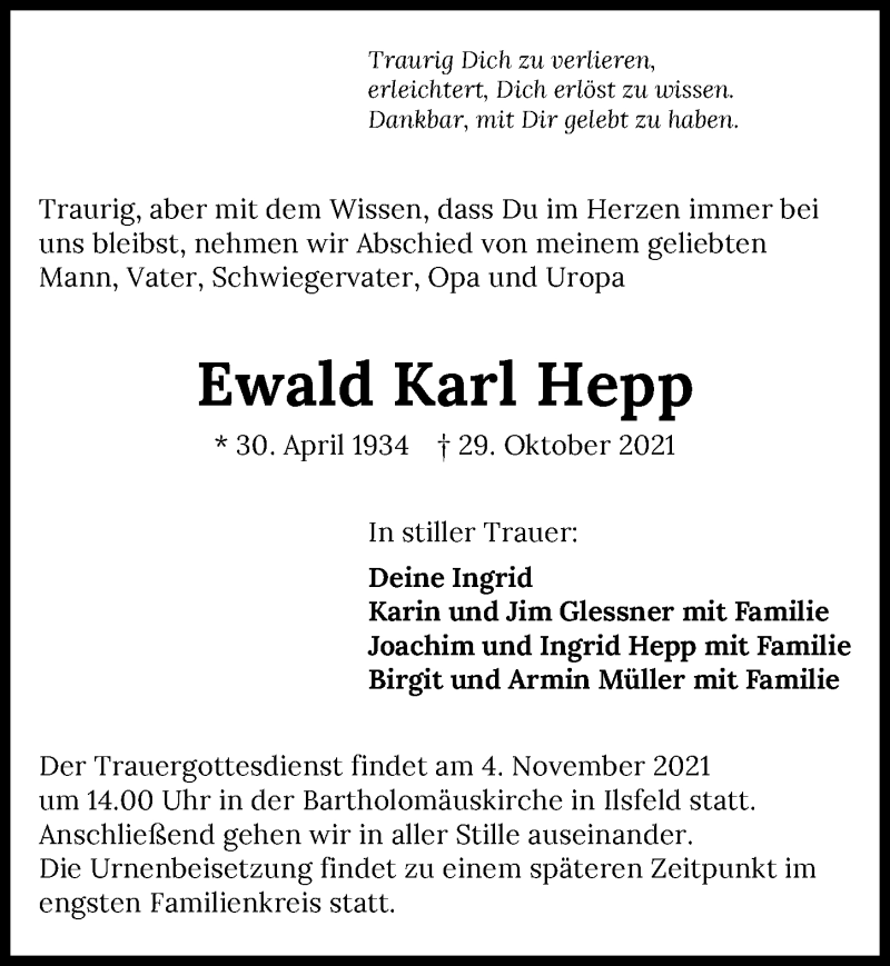  Traueranzeige für Ewald Hepp vom 03.11.2021 aus GESAMT