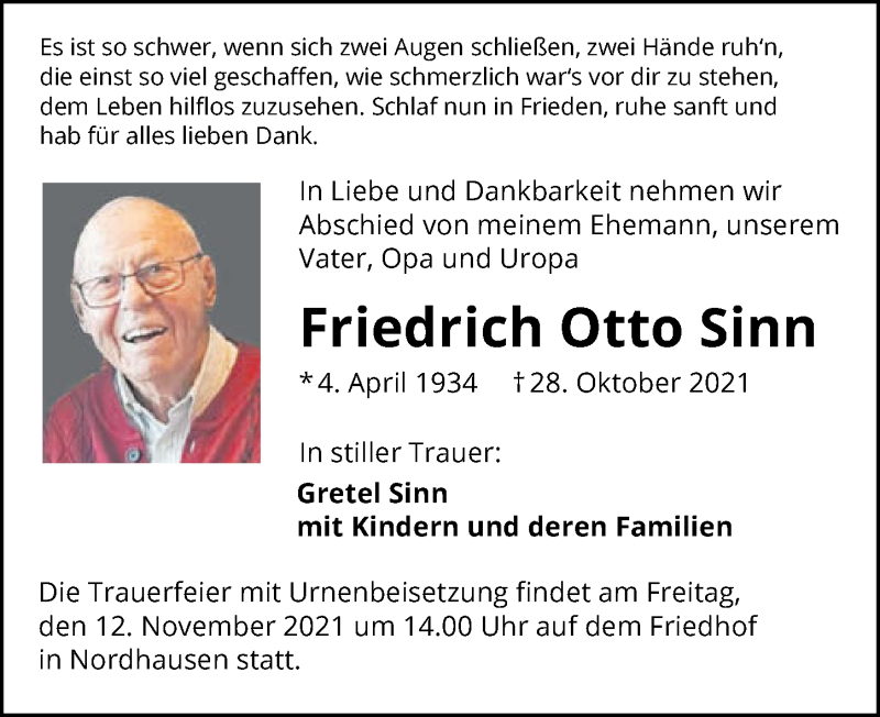  Traueranzeige für Friedrich Otto Sinn vom 06.11.2021 aus GESAMT