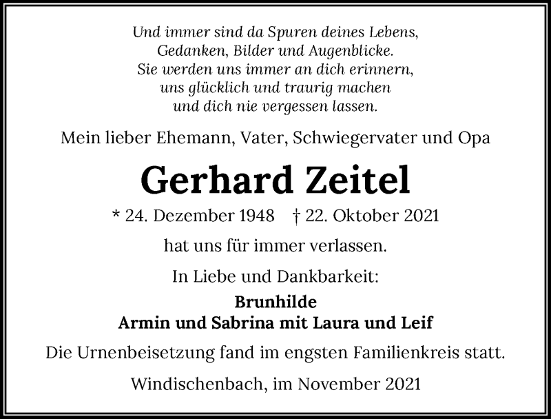  Traueranzeige für Gerhard Zeitel vom 20.11.2021 aus GESAMT