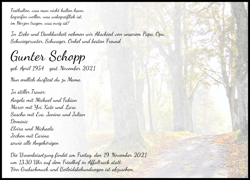  Traueranzeige für Gunter Schopp vom 16.11.2021 aus GESAMT