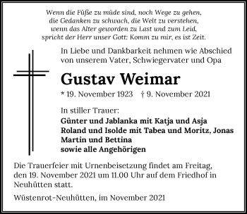 Traueranzeige von Gustav Weimar von GESAMT