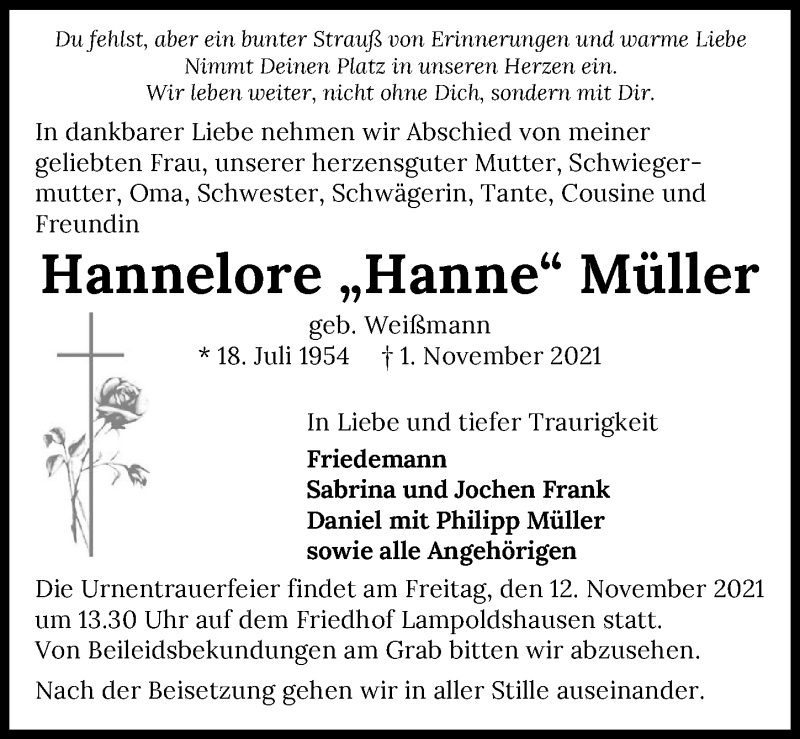  Traueranzeige für Hannelore Müller vom 10.11.2021 aus GESAMT