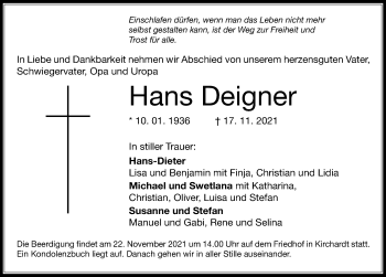 Traueranzeige von Hans Deigner von GESAMT