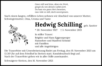 Traueranzeige von Hedwig Schilling von GESAMT