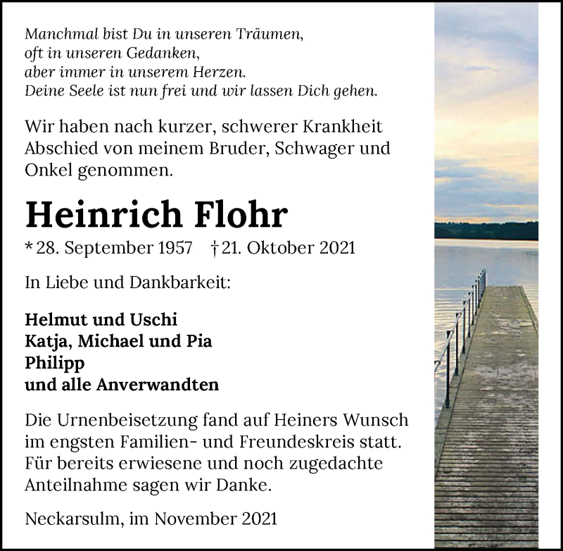  Traueranzeige für Heinrich Flohr vom 10.11.2021 aus GESAMT