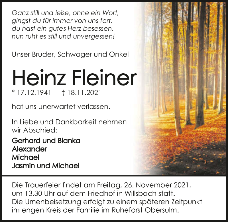  Traueranzeige für Heinz Fleiner vom 24.11.2021 aus GESAMT