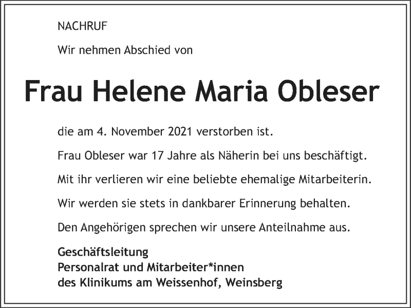  Traueranzeige für Helene Maria Obleser vom 17.11.2021 aus GESAMT