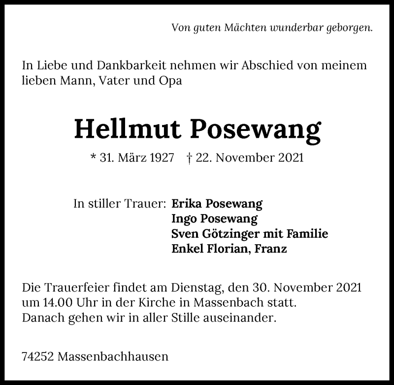  Traueranzeige für Hellmut Posewang vom 27.11.2021 aus GESAMT