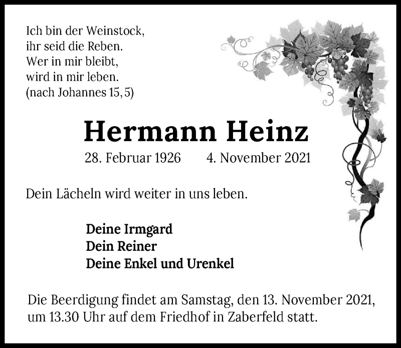  Traueranzeige für Hermann Heinz vom 10.11.2021 aus GESAMT