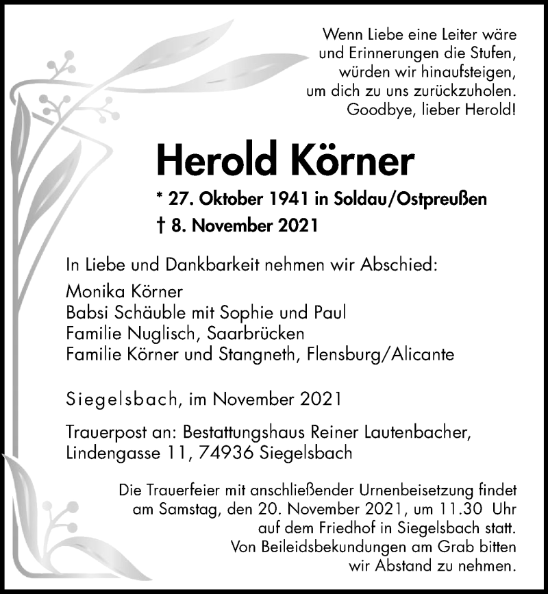  Traueranzeige für Herold Körner vom 17.11.2021 aus GESAMT