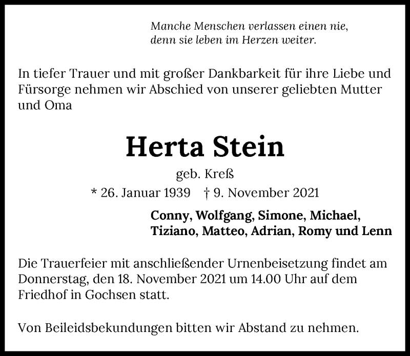  Traueranzeige für Herta Stein vom 16.11.2021 aus GESAMT