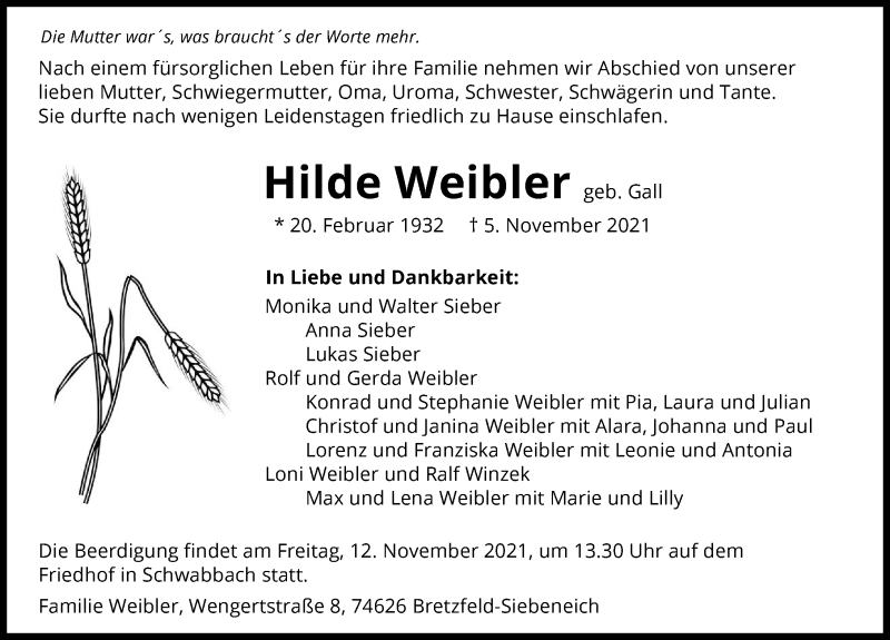  Traueranzeige für Hilde Weibler vom 09.11.2021 aus GESAMT