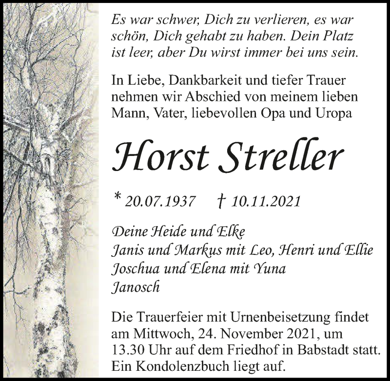  Traueranzeige für Horst Streller vom 20.11.2021 aus GESAMT