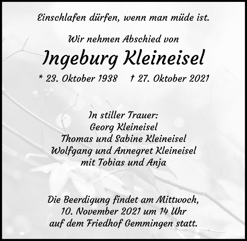  Traueranzeige für Ingeburg Kleineisel vom 06.11.2021 aus GESAMT
