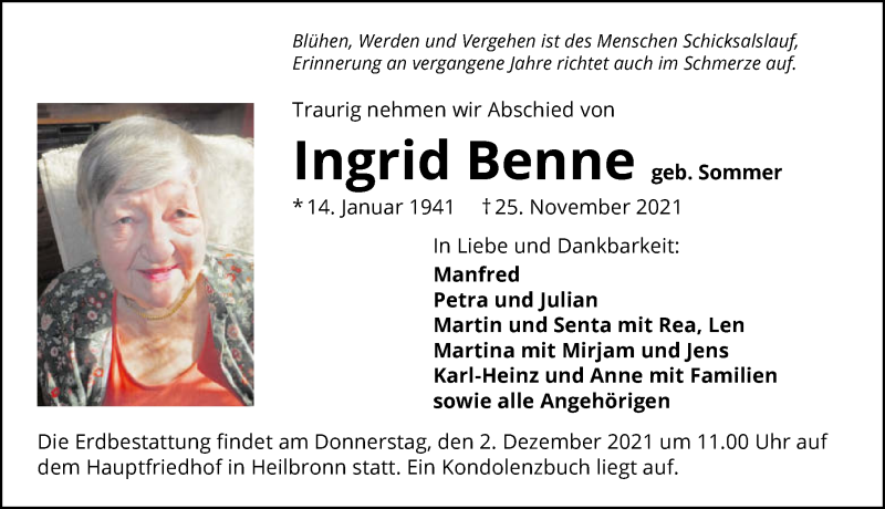  Traueranzeige für Ingrid Benne vom 27.11.2021 aus GESAMT