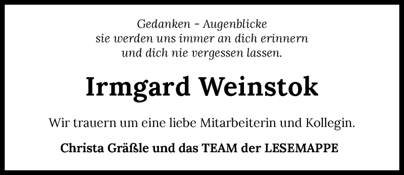  Traueranzeige für Irmgard Weinstok vom 24.11.2021 aus GESAMT