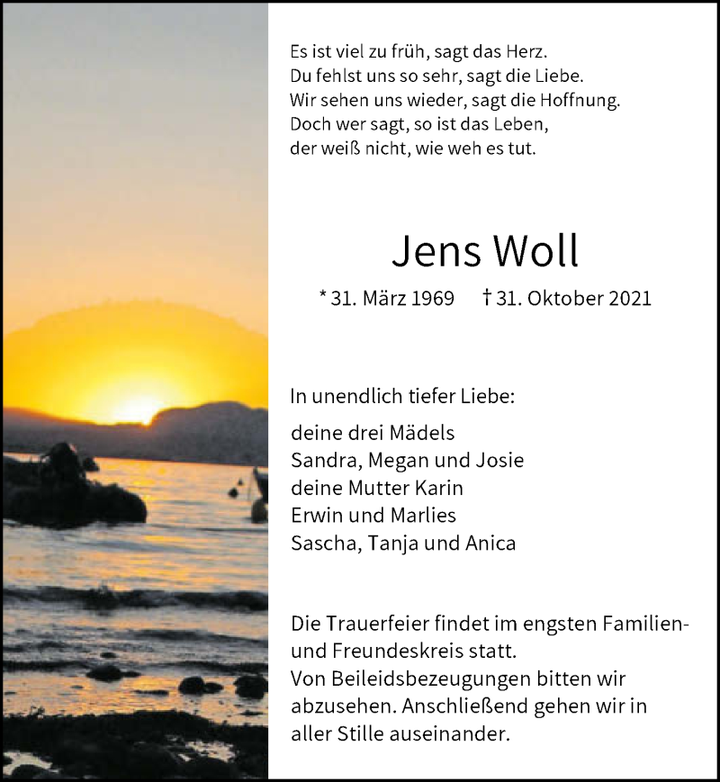  Traueranzeige für Jens Woll vom 06.11.2021 aus GESAMT