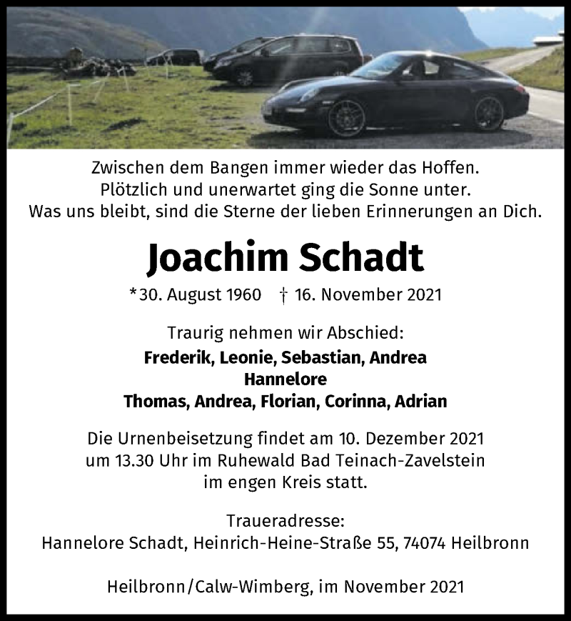  Traueranzeige für Joachim Schadt vom 20.11.2021 aus GESAMT