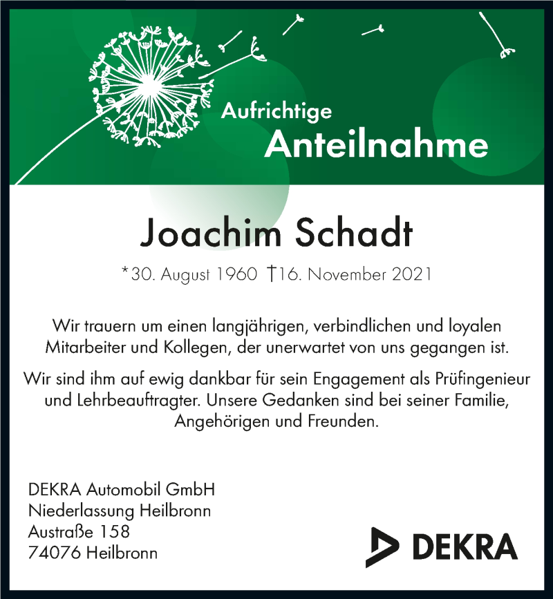  Traueranzeige für Joachim Schadt vom 27.11.2021 aus GESAMT