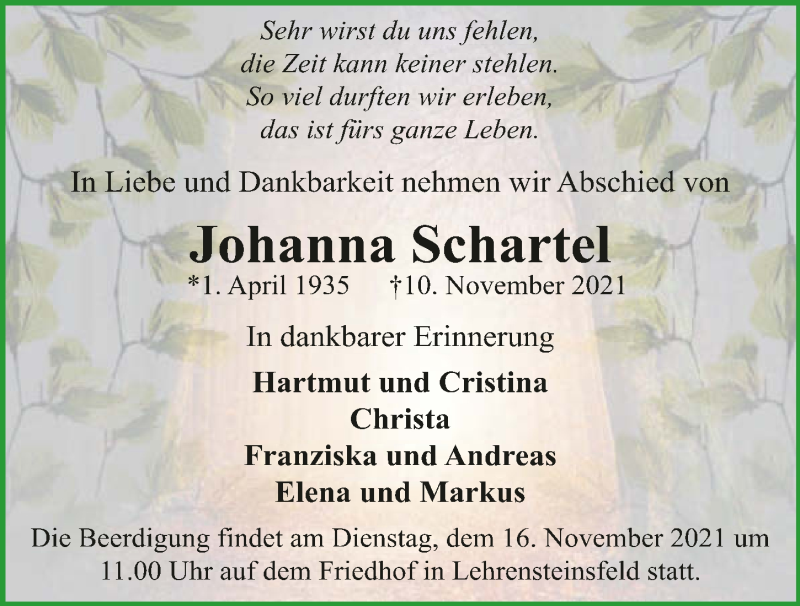  Traueranzeige für Johanna Schartel vom 13.11.2021 aus GESAMT
