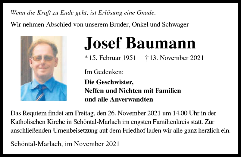  Traueranzeige für Josef Baumann vom 20.11.2021 aus GESAMT