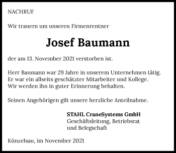 Traueranzeige von Josef Baumann von GESAMT