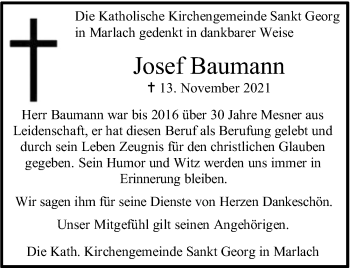Traueranzeige von Josef Baumann von GESAMT