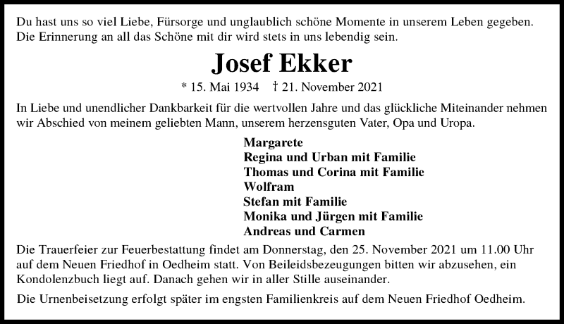  Traueranzeige für Josef Ekker vom 23.11.2021 aus GESAMT
