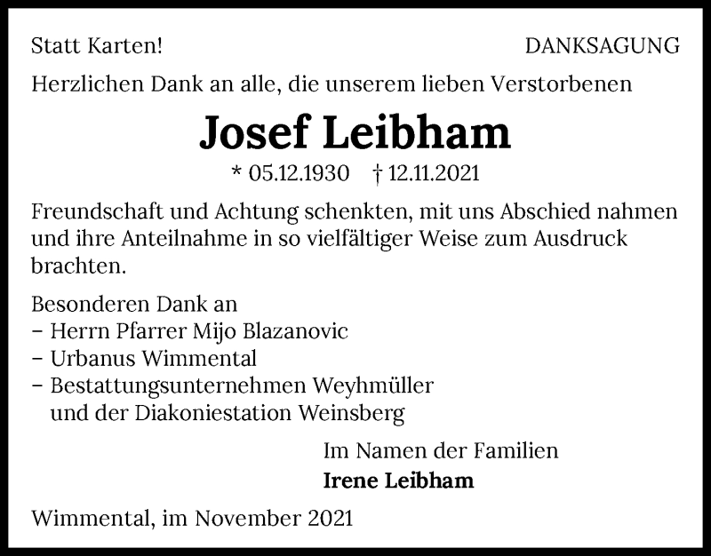  Traueranzeige für Josef Leibham vom 30.11.2021 aus GESAMT