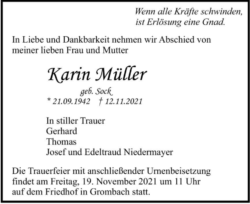  Traueranzeige für Karin Müller vom 17.11.2021 aus GESAMT