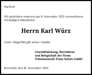 Traueranzeige von Karl Würz von GESAMT