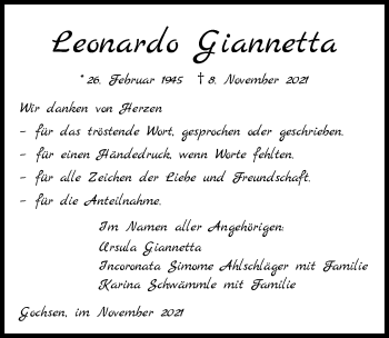 Traueranzeige von Leonardo Giannetta von GESAMT