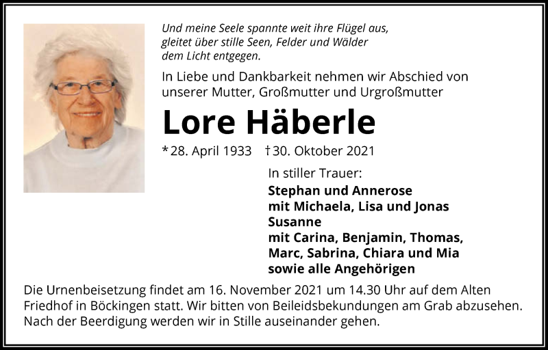  Traueranzeige für Lore Häberle vom 03.11.2021 aus GESAMT