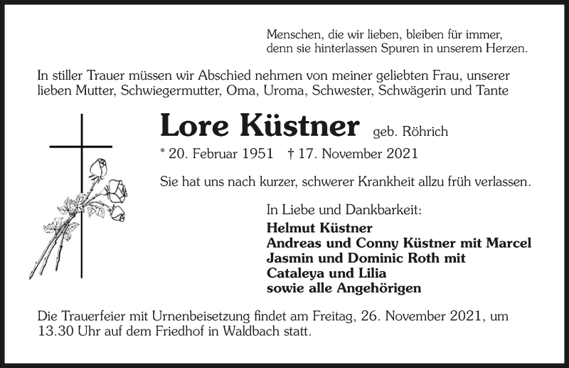  Traueranzeige für Lore Küstner vom 23.11.2021 aus GESAMT