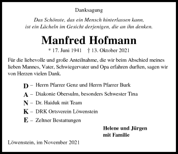 Traueranzeige von Manfred Hofmann von GESAMT