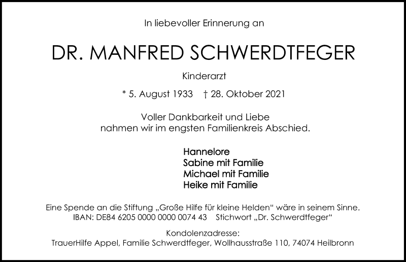  Traueranzeige für Manfred Schwerdtfeger vom 06.11.2021 aus GESAMT