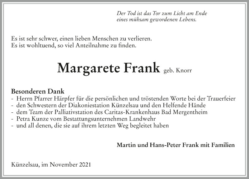  Traueranzeige für Margarete Frank vom 12.11.2021 aus GESAMT