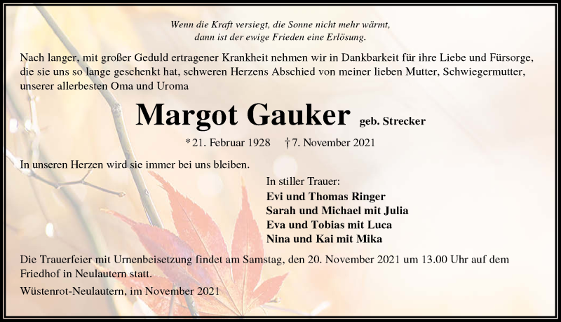  Traueranzeige für Margot Gauker vom 17.11.2021 aus GESAMT