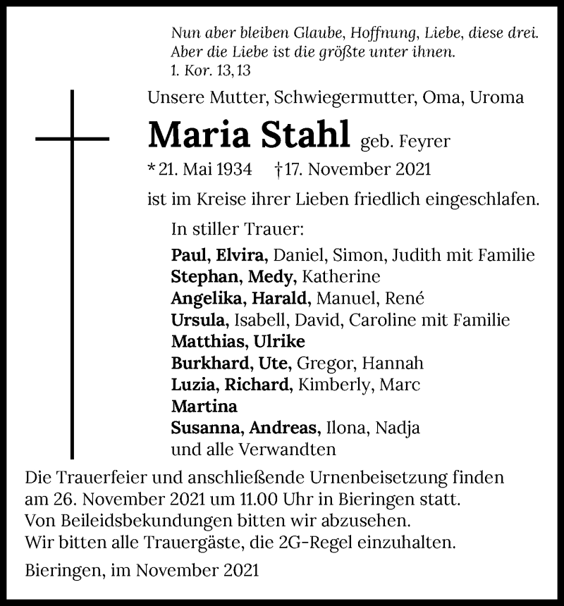  Traueranzeige für Maria Stahl vom 23.11.2021 aus GESAMT