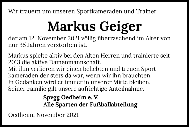  Traueranzeige für Markus Geiger vom 20.11.2021 aus GESAMT