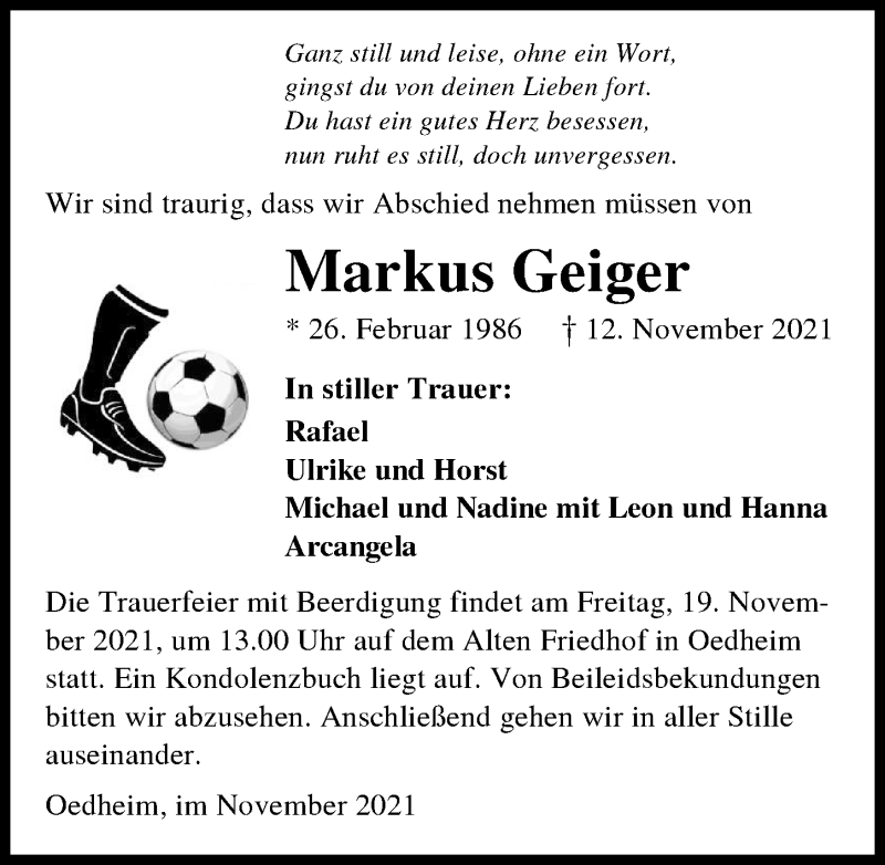  Traueranzeige für Markus Geiger vom 17.11.2021 aus GESAMT