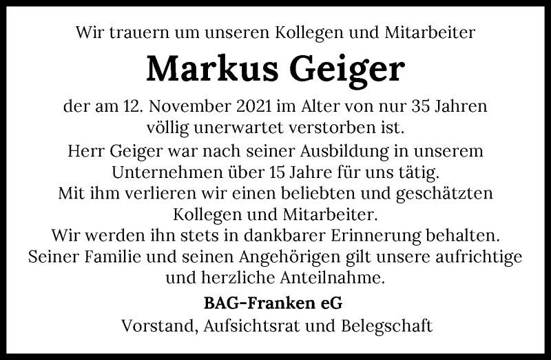  Traueranzeige für Markus Geiger vom 17.11.2021 aus GESAMT