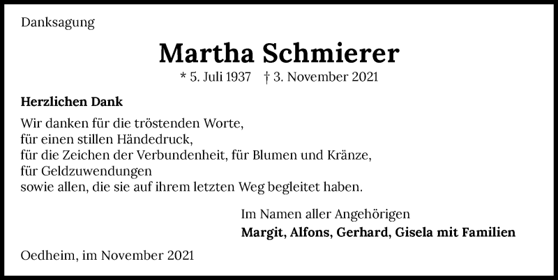  Traueranzeige für Martha Schmierer vom 20.11.2021 aus GESAMT