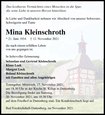 Traueranzeige von Mina Kleinschroth von GESAMT