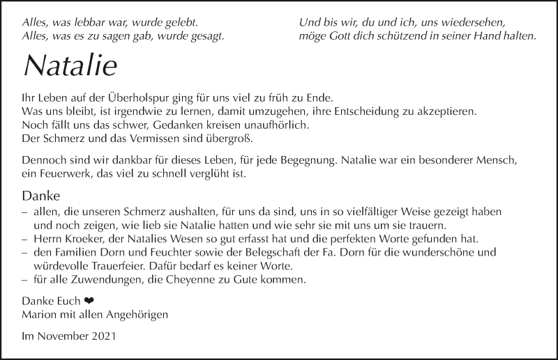  Traueranzeige für Natalie Schoch vom 06.11.2021 aus GESAMT