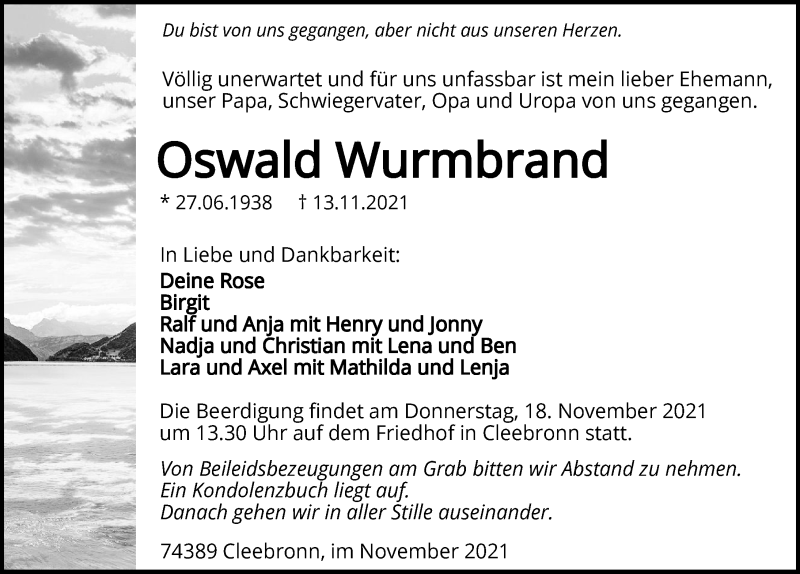  Traueranzeige für Oswald Wurmbrand vom 16.11.2021 aus GESAMT