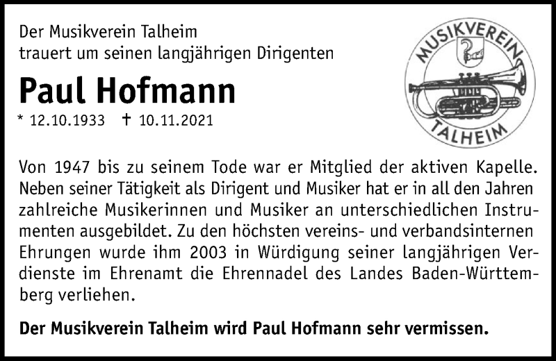  Traueranzeige für Paul Hofmann vom 20.11.2021 aus GESAMT