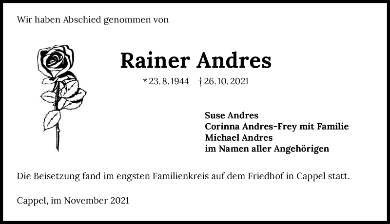  Traueranzeige für Rainer Andres vom 20.11.2021 aus GESAMT