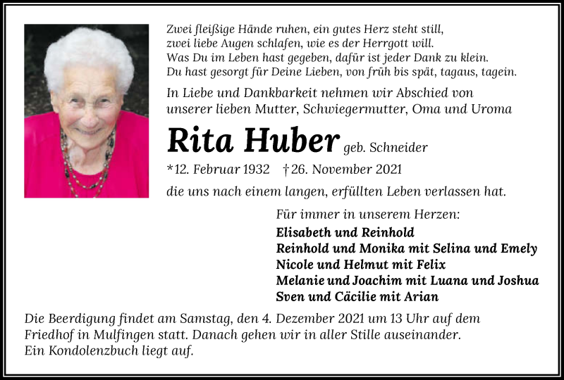  Traueranzeige für Rita Huber vom 01.12.2021 aus GESAMT