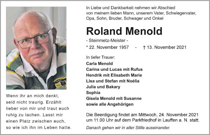  Traueranzeige für Roland Menold vom 20.11.2021 aus GESAMT